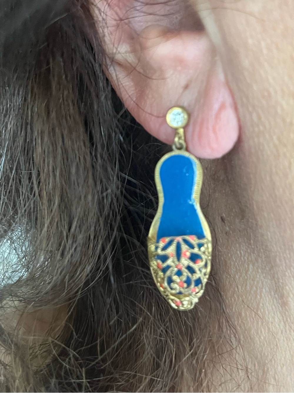 Vintage 1950s Gold Tone & Blue Enamel Screw Back Slipper Earrings